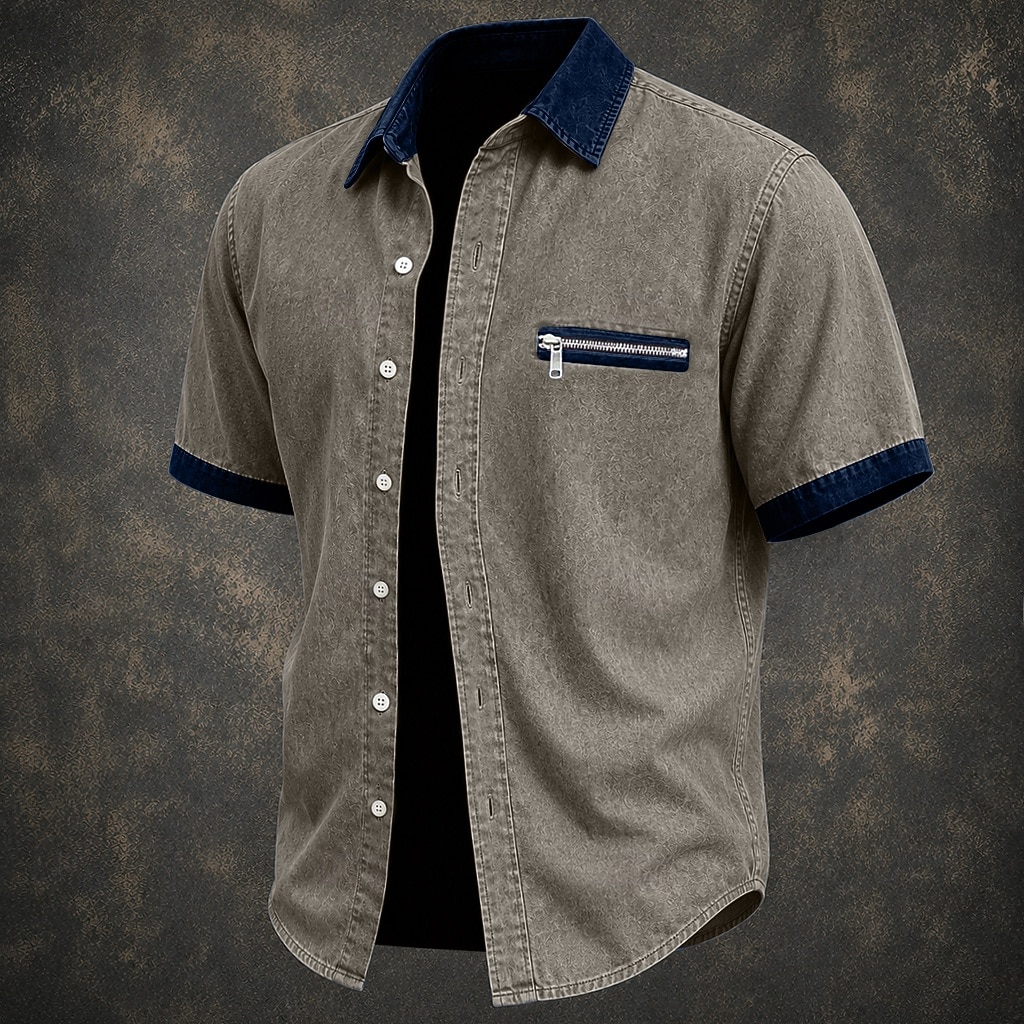 SoftFade™ Men Shirt Casual Shirt Denim Shirt Cotton Acid Wash Shirt Acid Wash Shirt Black Green khaki Gray Light Blue Short Sleeve Plain Shirt Collar Casual Daily Color Block Clothing Apparel Elegant 2026 - $31.99 –P7