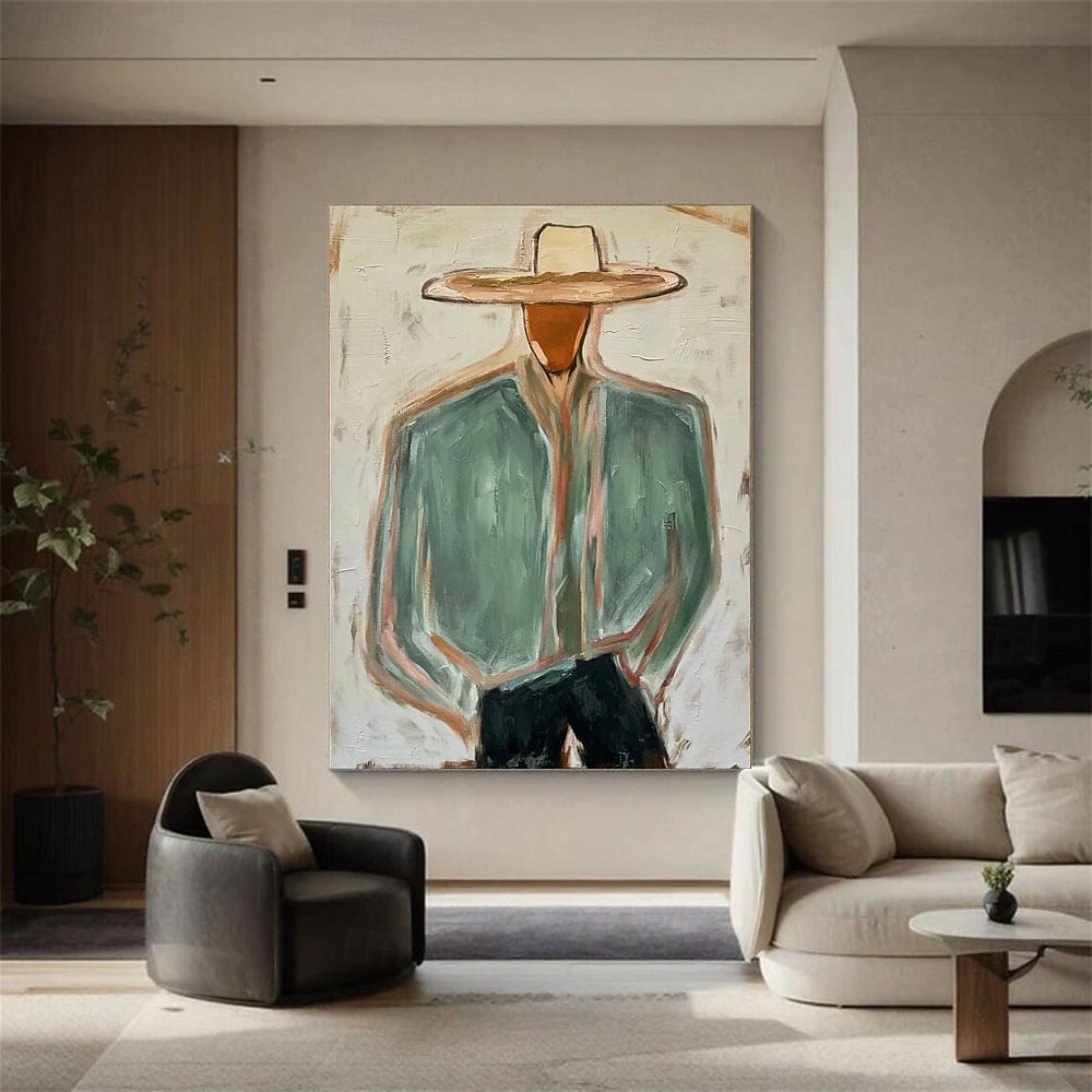 Hand Painted Minimalist Cowboy Oil Painting Western Portrait Man Wall Art Sage Green Figure Canvas for Dad Ranch Decor 2026 - $193.39 –P5