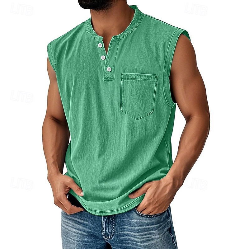 Regata masculina vintage 100% algodão com lavagem ácida, camiseta sem mangas, camiseta regata sem mangas estilo henley, camiseta básica de verão lisa, de grife, com bolsos e botões, para férias, estilo urbano, preta, para homens. de 2026 por $23.99 –P15