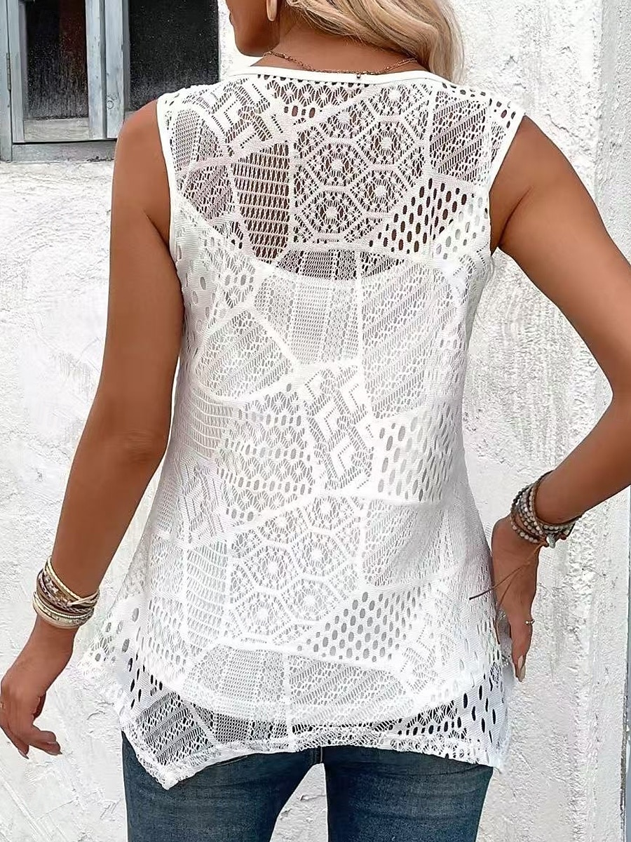 Mulheres Malha Íntima Renda Tecido à moda Casual Sem Manga Gola Redonda Tops regulares Casual Diário Branco Rosa Rosa empoeirada Verão Primavera de 2026 por $24.99 –P3