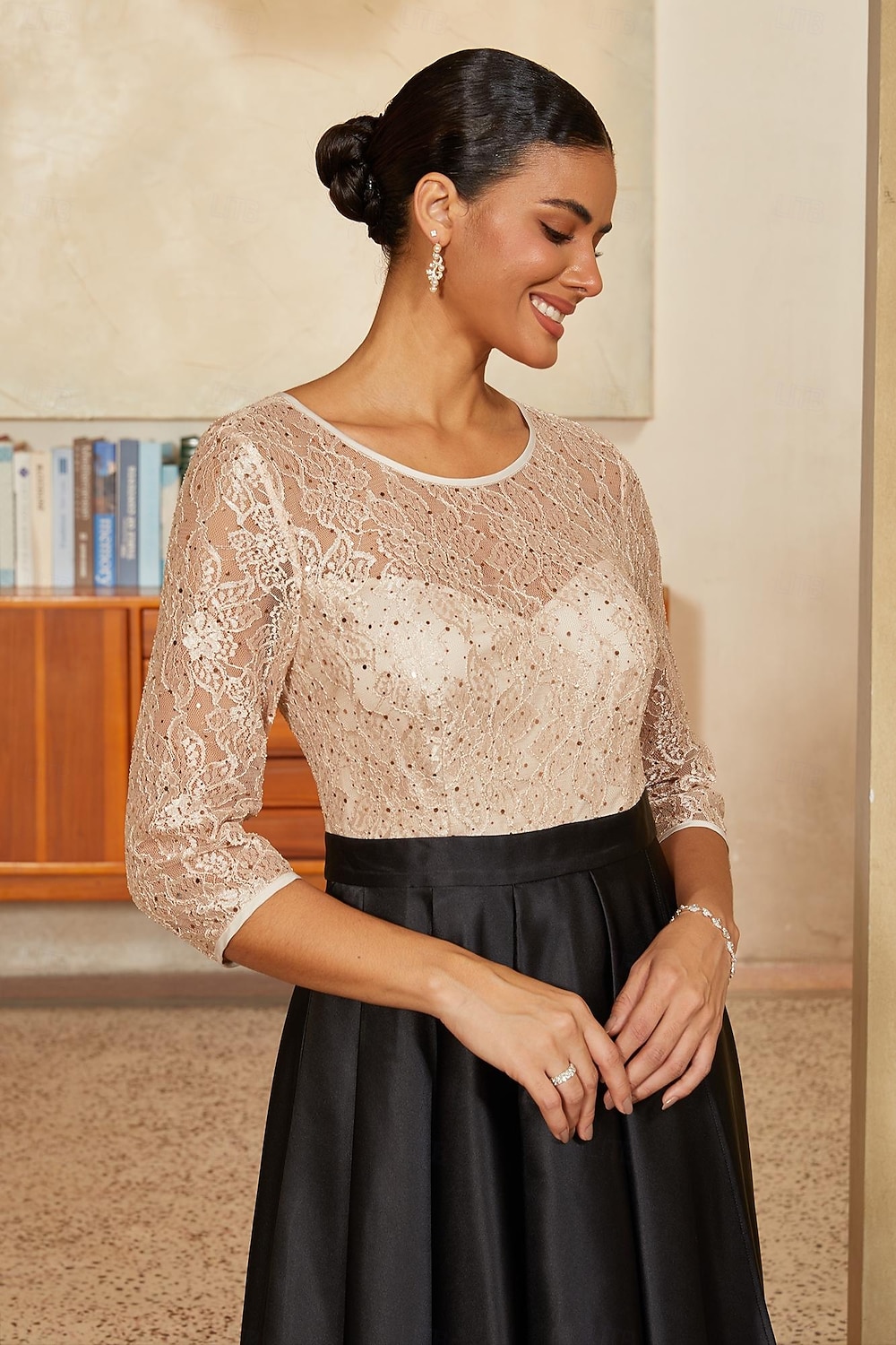 Damen A-Linie High-Low-Kleid Cocktailkleid Kleid für Hochzeitsgäste Knöchellänge Rundhalsausschnitt Dreiviertelarm Illusionsärmel Hohe Taille Elegant Mutter der Braut mit Satin Paillettenspitze 2026 - $119.99 –P5