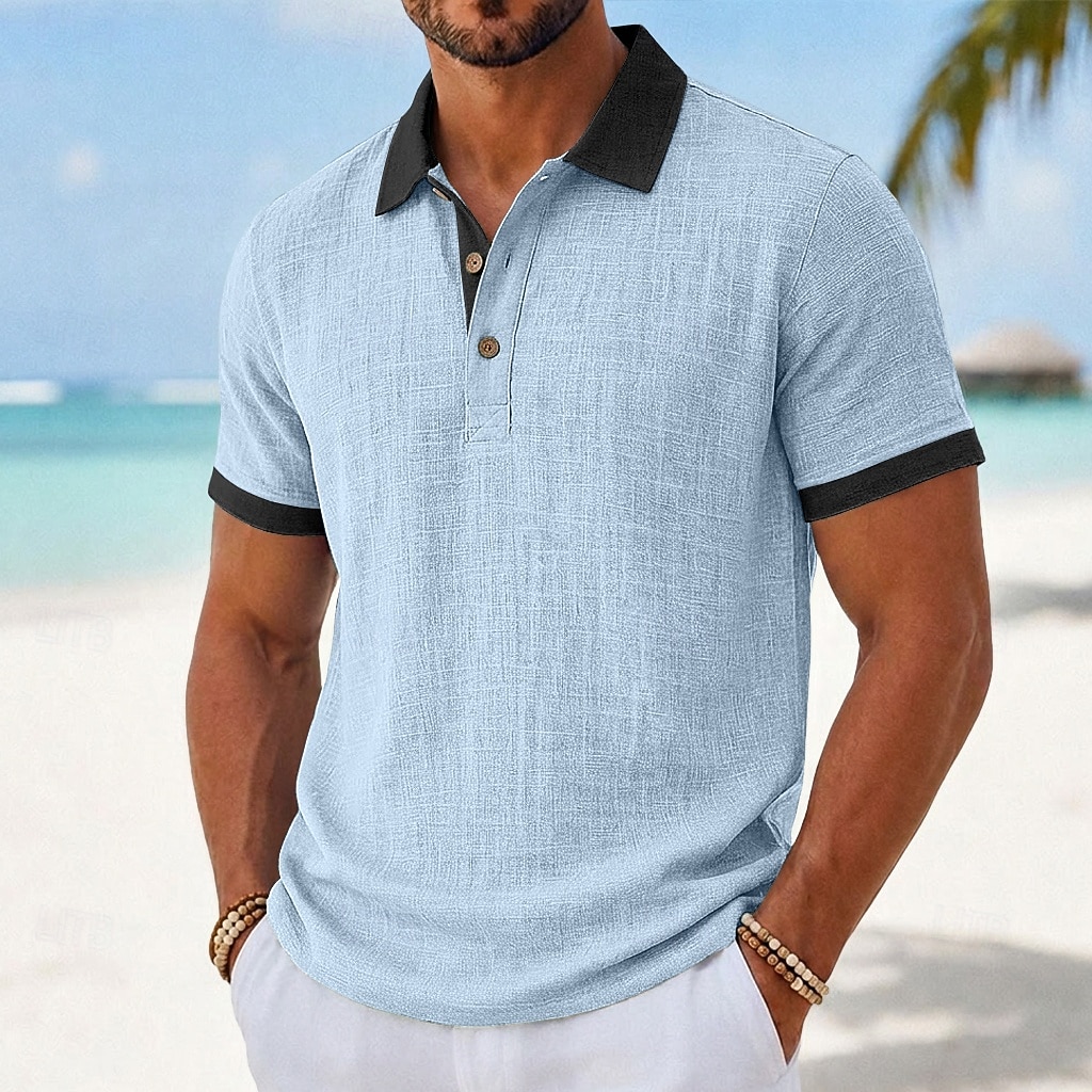 Men's Linen Shirt Polo Shirts Casual Vacation Classic Short Sleeve Fashion Solid Color Textured Color Block Buttons Summer Spring Regular Fit Light Green Green Gray Light Blue Linen Shirt 2026 - $22.99 –P6