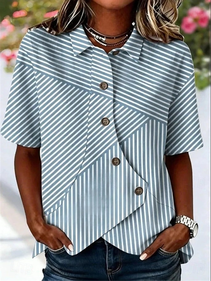 Women's Shirt Patchwork Striped Bohemia Vacation Daily Sleeveless Turndown Long Tops Casual Blue Black Yellow Pink Green Summer Spring 2026 - $32.99 –P1