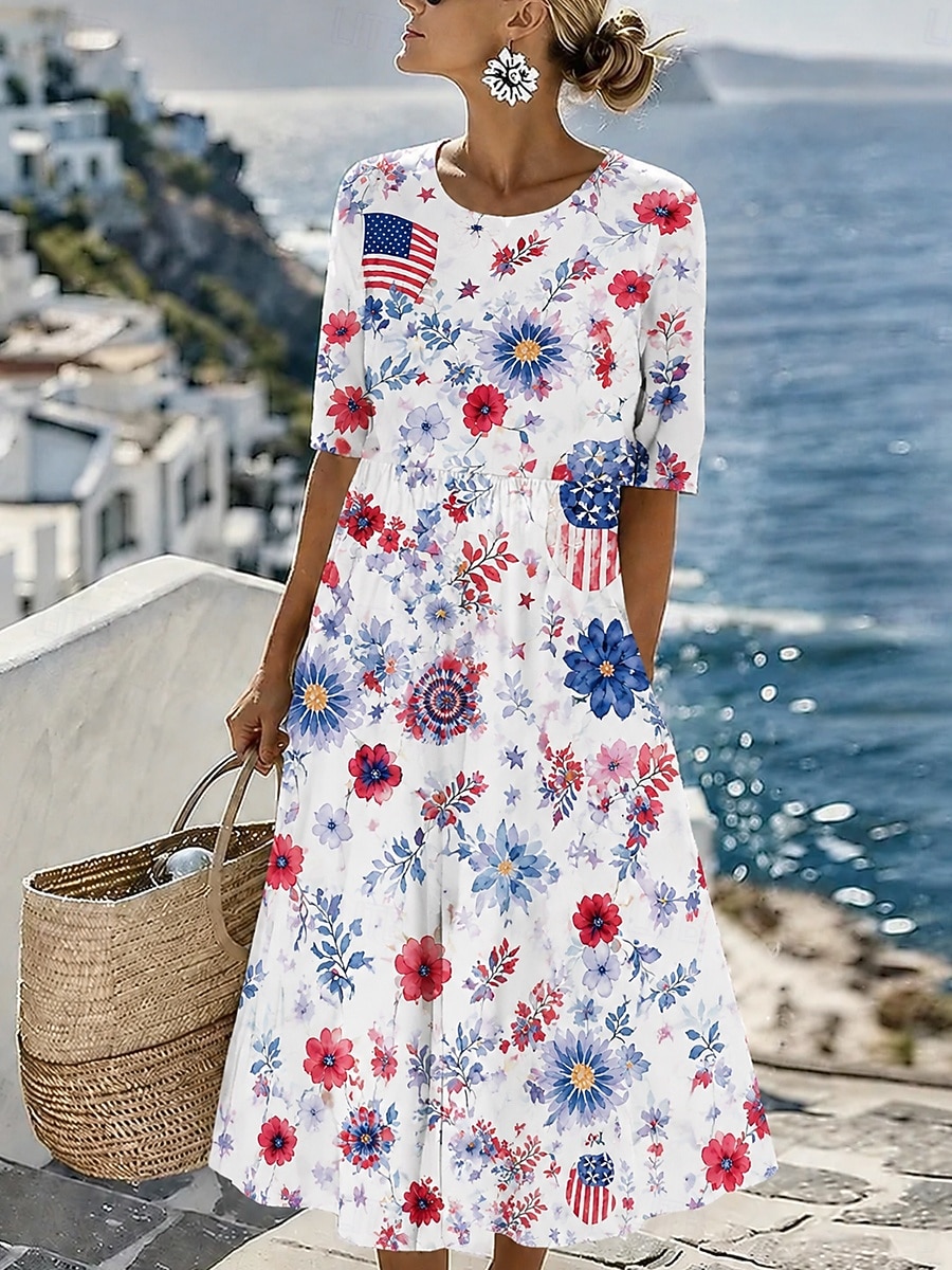 American Independence Day Women's Midi Dress A Line Dress Vacation Casual Holiday Regular Fit Graphic Flag Half Sleeve Crew Neck Blue White Dark Red Red Summer Spring 2026 - $33.99 –P3