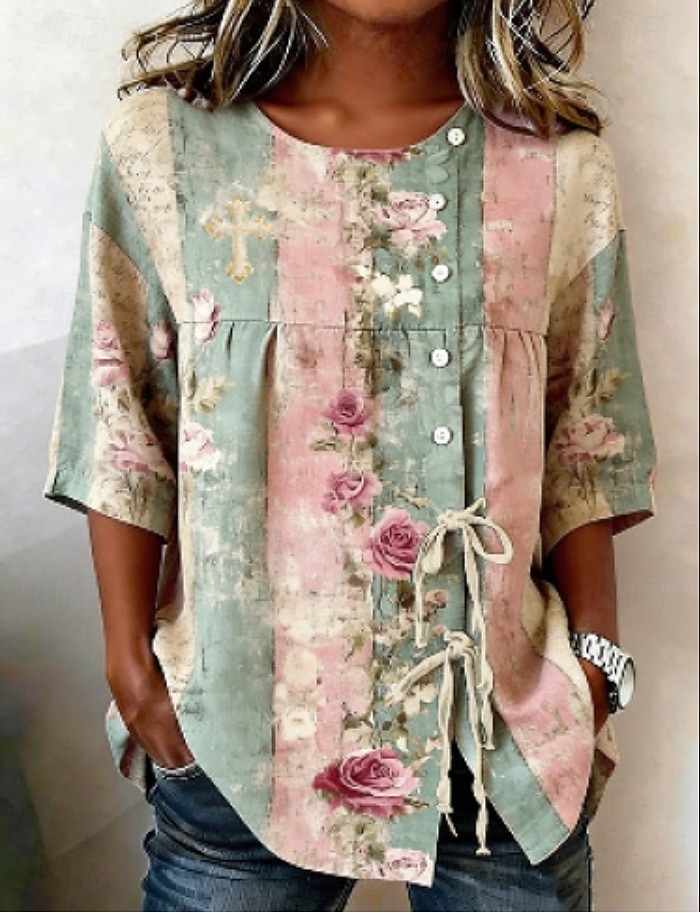 Pasqua Per donna Camicia Elegante Bohemien Vacanza Manica Corta Top Regolari Casuale Blu Verde primavera Bianco Azzurro cielo Verde Estate Primavera del 2026 a $24.99 –P1