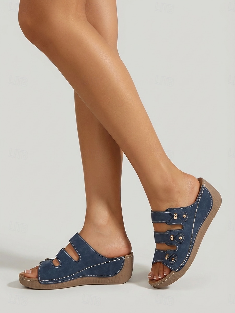 Women's Navy Blue Triple Strap Wedge Sandals – Comfortable Slide Sandals with Metal Design for Summer Walking, Travel & Casual Wear 2026 - $24.99 –P2