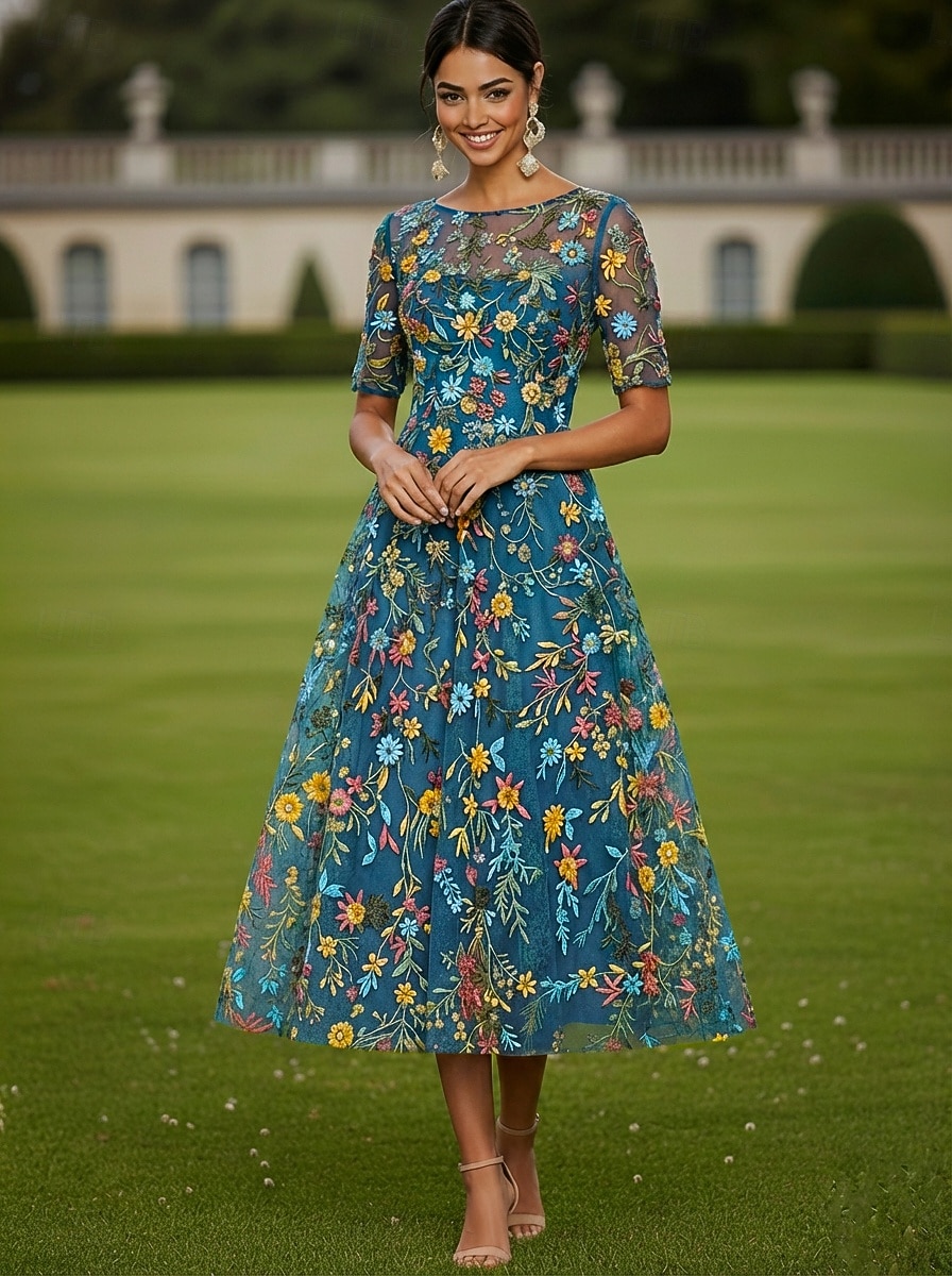 A-linje Kjoler Te-lengde Cocktail Kjole Gjestekjole til bryllup Kjole til brudens mor Halvlange ermer Crew-hals Båthals Elegant Fritid Formell Kentucky Derby Semi-formelt Tyll med Broderi Appliqué 2026 - $171.99 –P8