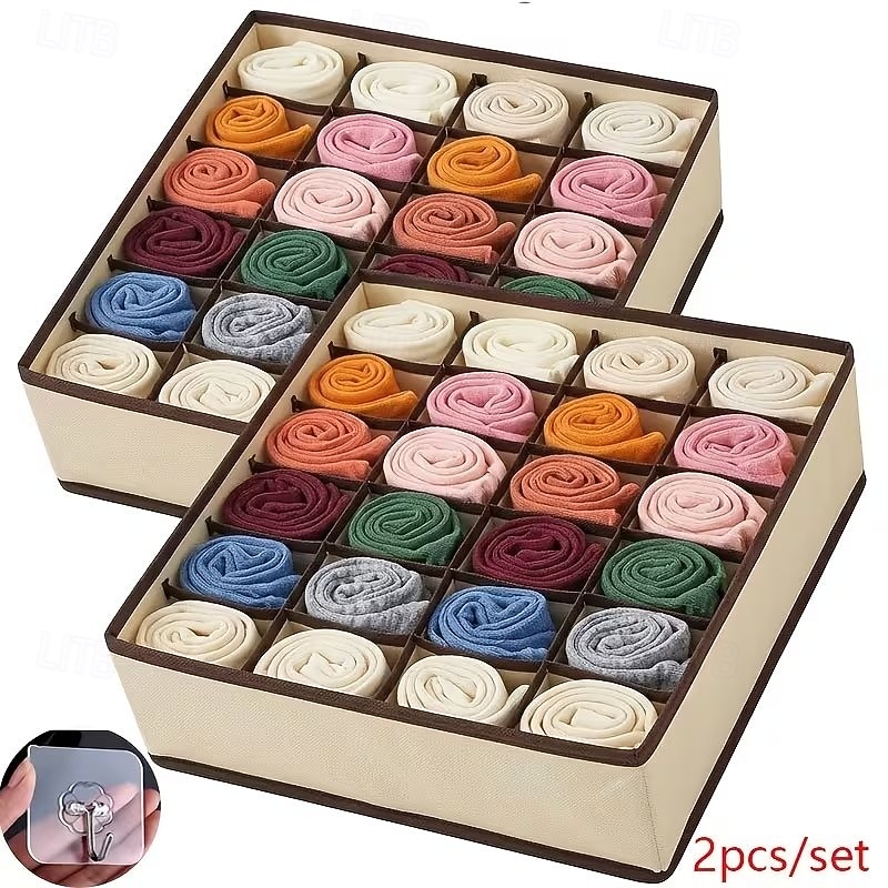 Paquete de 2 organizadores de cajones plegables de 24 compartimentos con ganchos: caja portátil para guardar calcetines y ropa interior, ideal para cables y mandos a distancia. Solución de 2026 - $14.49 –P6