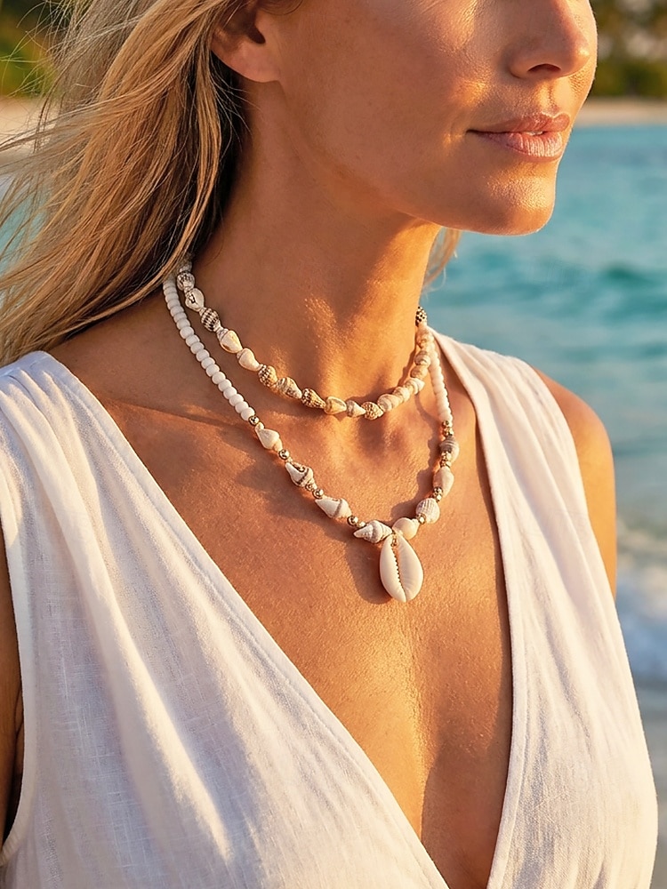 Damesketting met meerdere lagen van natuurlijke schelpen, dubbele streng strandsieraden, handgemaakte ketting met schelpen en kralen, kustachtige boho-vakantieaccessoires voor zomerreizen en cruises. 2026 - $7.99 –P3