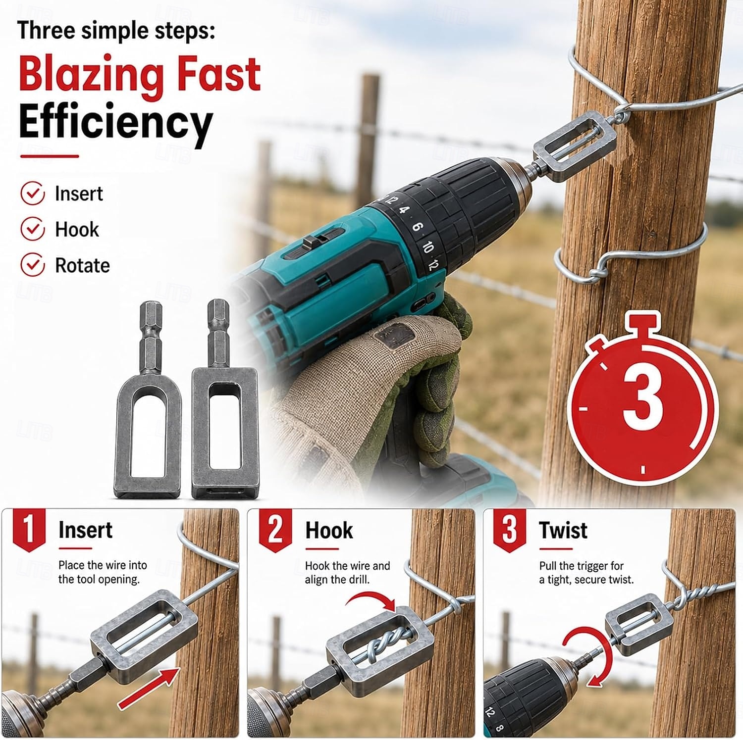 Wire Twisting Tool for Electric Drill, 2 Pcs Power Drill Wire Twister Attachment for Fencing, Barbed Wire, T-Post Clips, Heavy Duty Metal Tool for Fence Repair, Fast Efficiency, Less Hand Strain 2026 - $8.99 –P4