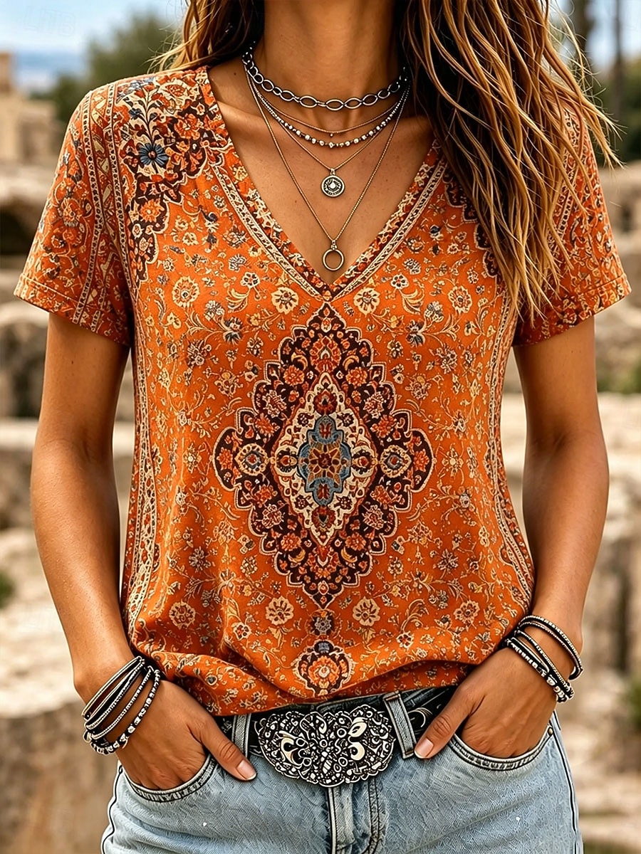 Women's T Shirt Print Graphic Paisley Stylish Classic Casual Short Sleeve V Neck Regular Tops Casual Daily Blue Red Orange Summer Spring 2026 - $21.99 –P2