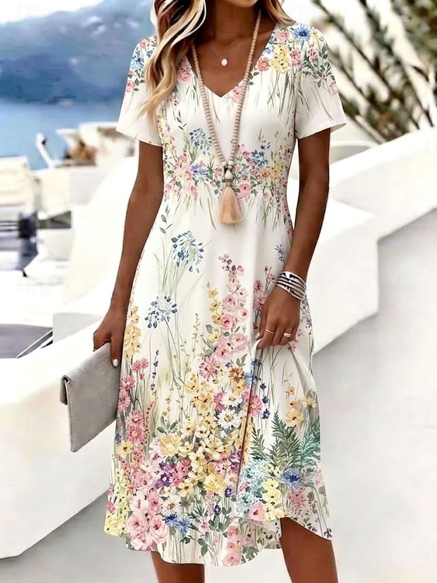 Femmes Robe Longueur Genou Robe T-Shirt Robe trapèze Vacances Occasionnel Boho Plage Coupe régulière Fleuri Graphique Manche Courte Col en V Bleu Blanche Violet Été Printemps de 2026 ? $25.99 –P2