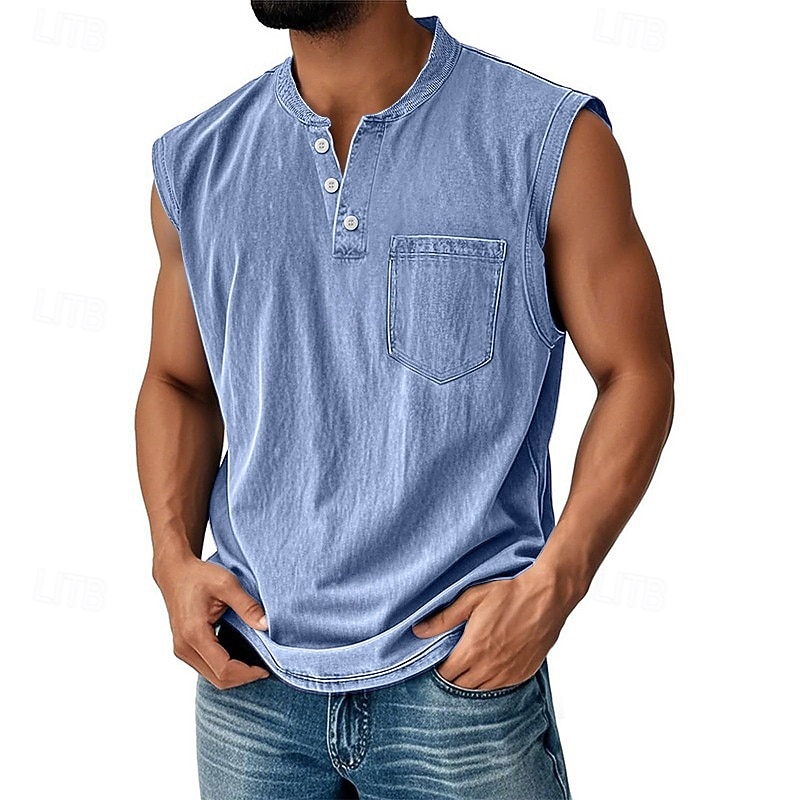 Regata masculina vintage 100% algodão com lavagem ácida, camiseta sem mangas, camiseta regata sem mangas estilo henley, camiseta básica de verão lisa, de grife, com bolsos e botões, para férias, estilo urbano, preta, para homens. de 2026 por $23.99 –P13