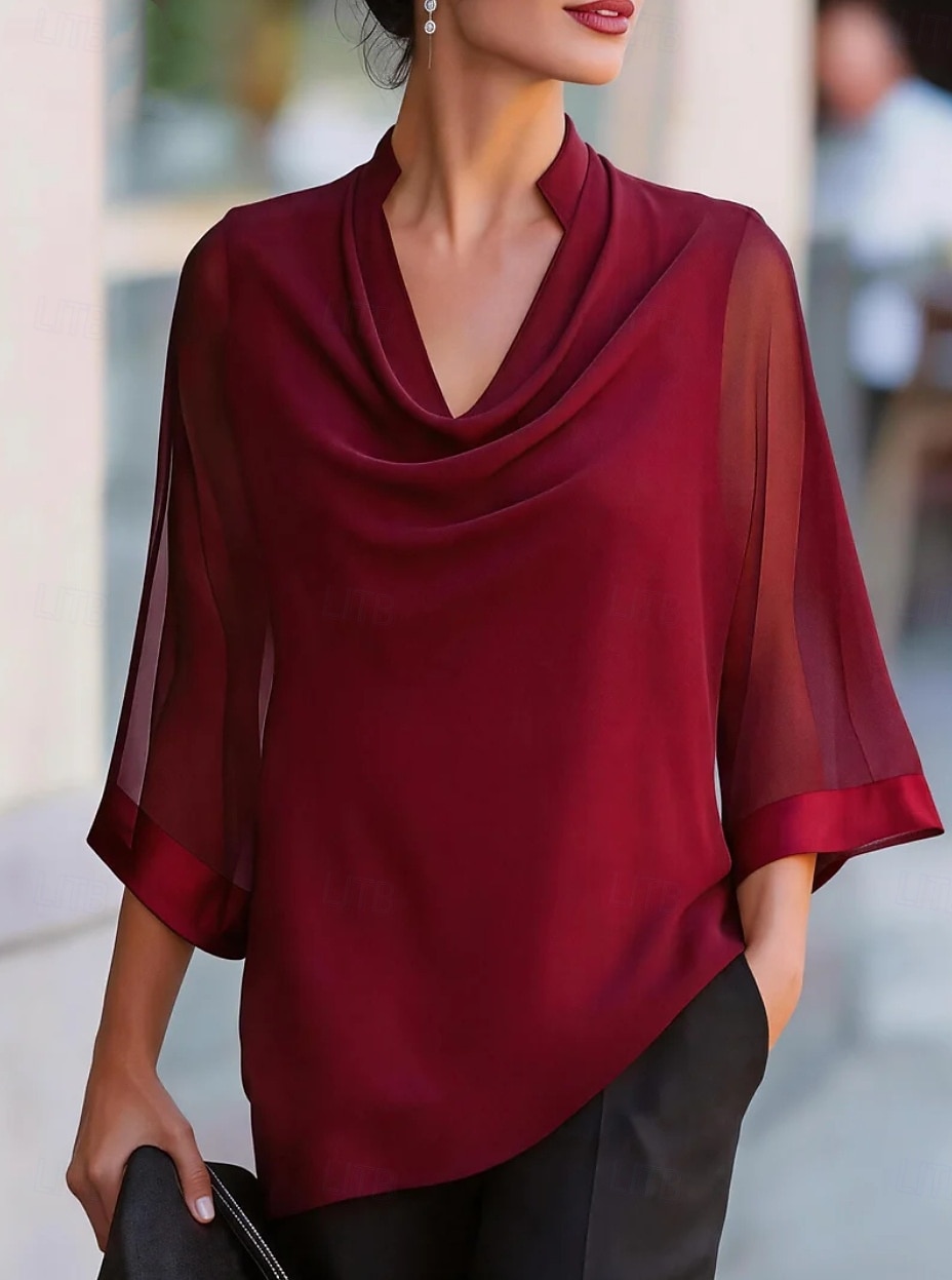 Women's Shirt Blouse Patchwork Solid Color Elegant Streetwear Daily 3/4 Length Sleeve V Neck Regular Tops Casual claret Black Navy Blue Apricot Summer Spring 2026 - $27.99 –P2