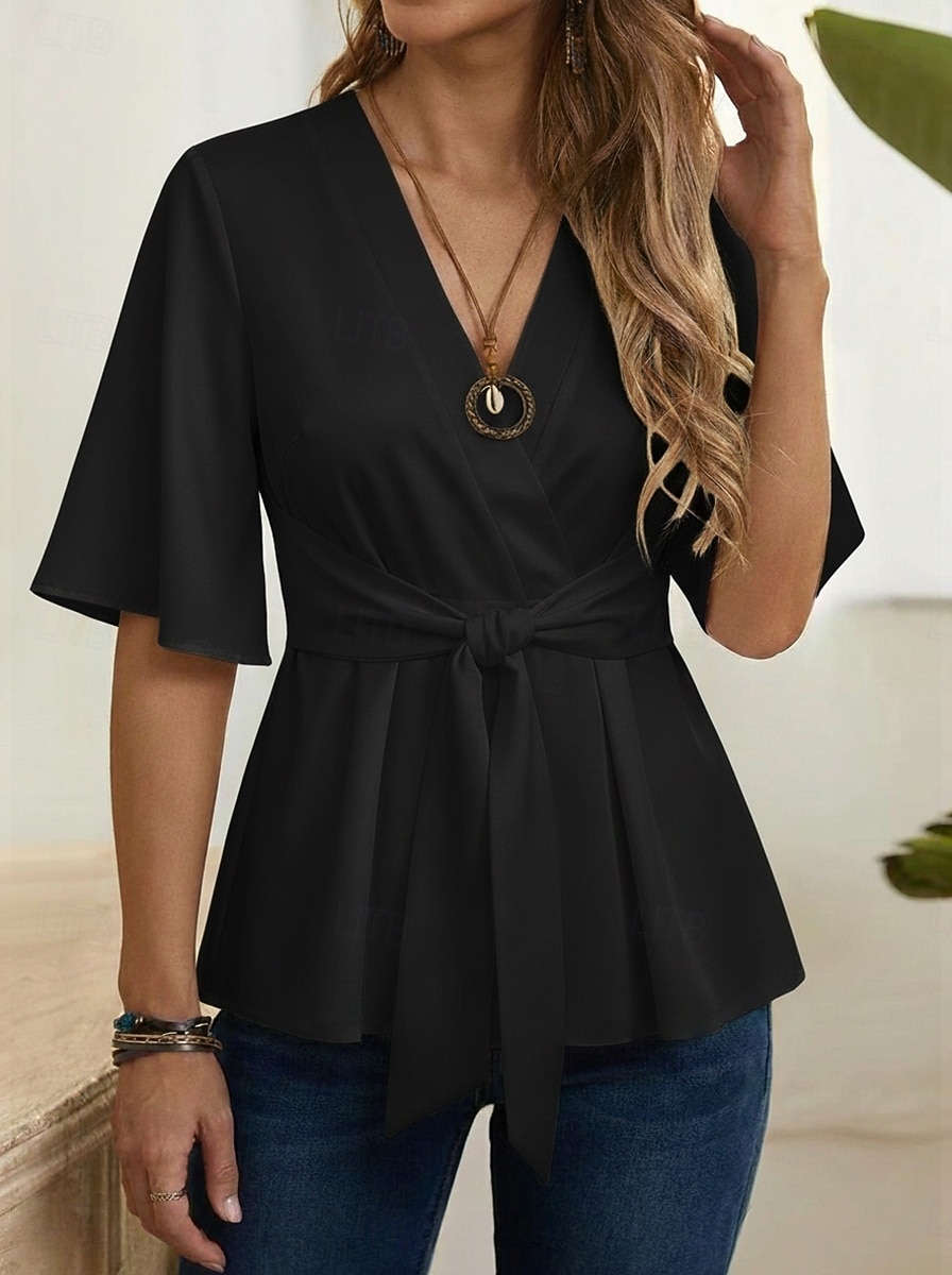 Per donna Camicia Nodo frontale Volant Semplice Elegante Quotidiano Mezza Manica Manica a Palloncino Scollo a V Top lunghi Casuale All'aperto Blu Nero Bianco Arancione Rosa Estate Primavera del 2026 a $27.99 –P2