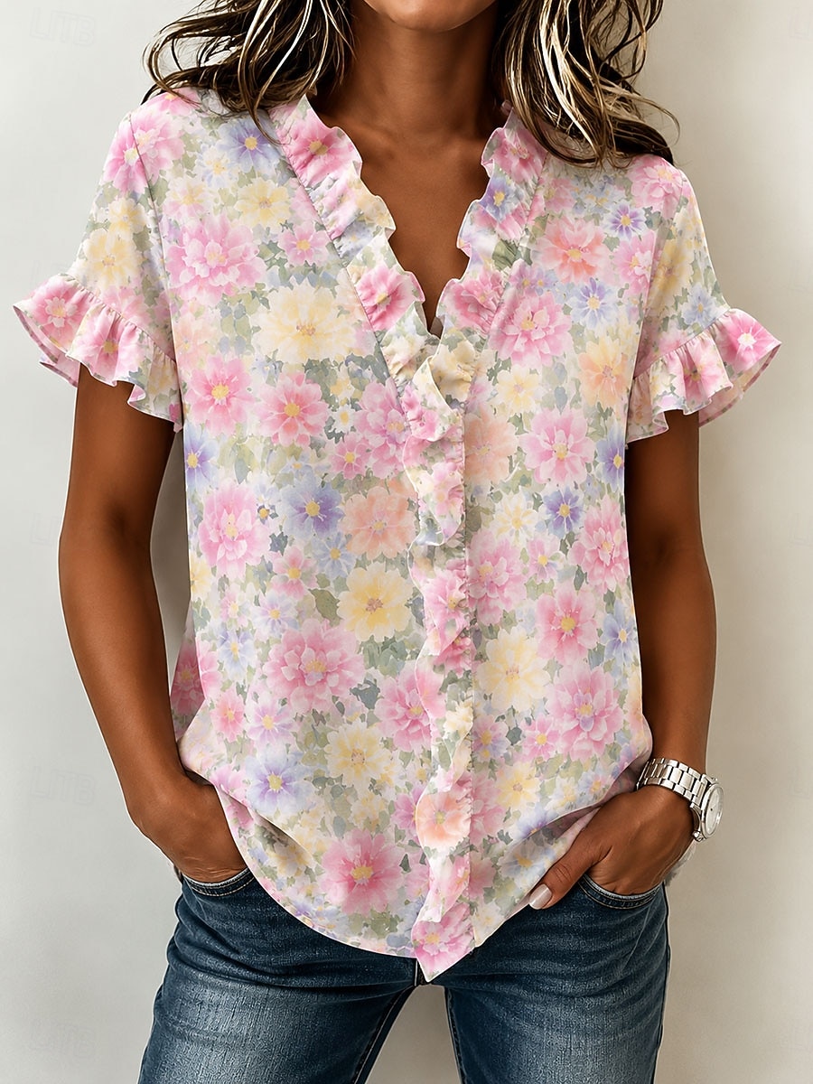 Mulheres Túnica Frufru Floral Gráfico Elegante Moda Diário Manga Curta Decote V Tops regulares Casual Diário Amarelo Rosa Verde Verão Primavera de 2026 por $27.99 –P2