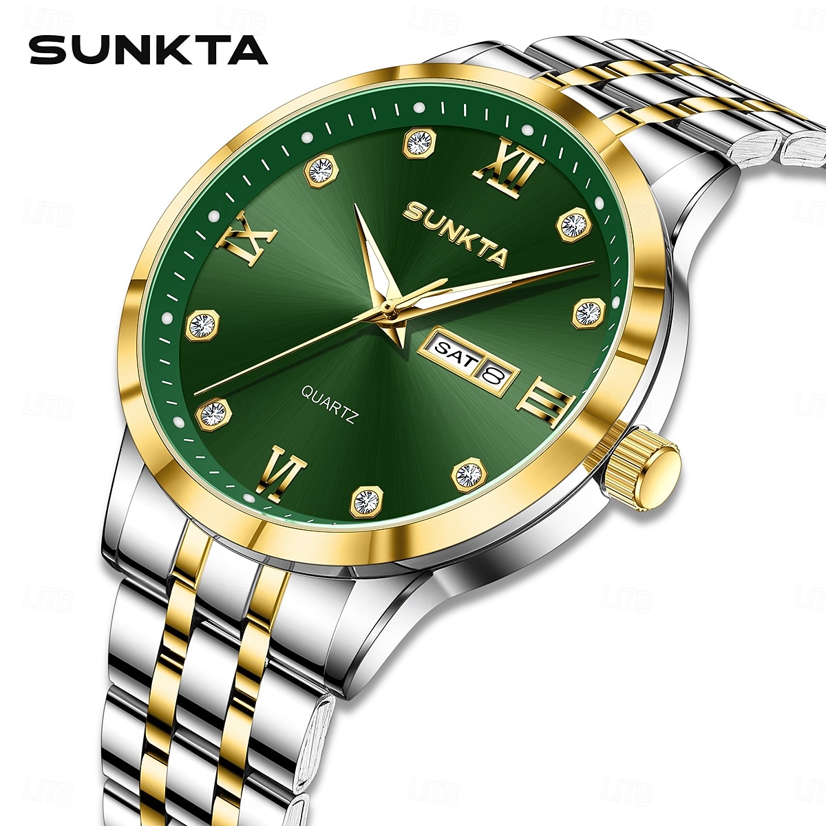 Reloj de negocios de lujo para hombre Sunkta, esfera verde, correa de acero inoxidable bicolor, resistente al agua, movimiento de cuarzo con calendario de día y fecha, números romanos, marcadores de 2026 - $9.99 –P2