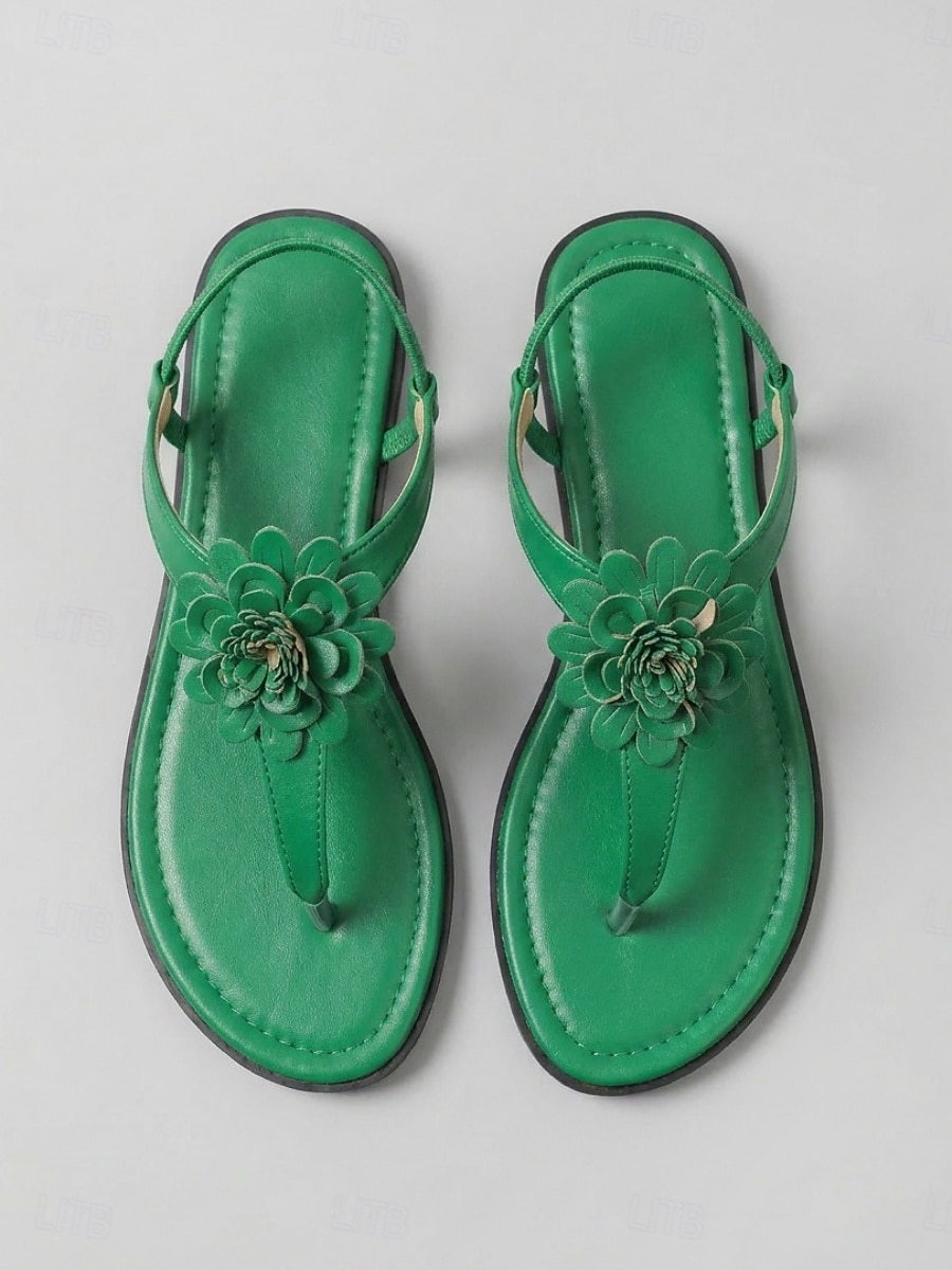 Women's Green Floral T-Strap Flat Sandals with Elastic Slingback - Summer Thong Sandals for Vacation, Travel, Casual Walking and Everyday Wear 2026 - $19.99 –P2