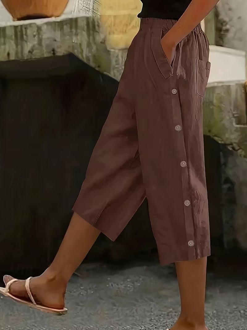 Women's Capri Pants Straight Casual Daily Comfort Calf-Length High Waist Solid Color Patchwork Pocket Button Comfort Inelastic Casual Vacation Black Navy Blue Brown Military Green Summer Spring Loose 2026 - $26.99 –P3