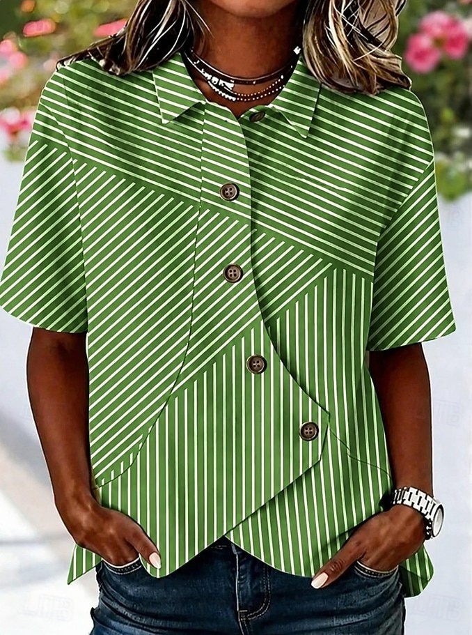 Women's Shirt Patchwork Striped Bohemia Vacation Daily Sleeveless Turndown Long Tops Casual Blue Black Yellow Pink Green Summer Spring 2026 - $32.99 –P4