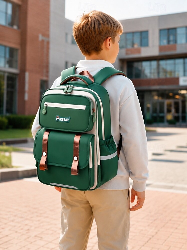 Kids School Backpack, Waterproof Polyester Large Capacity Bookbag with Multiple Compartments, Adjustable Straps, Breathable Back Panel, Reflective Safety, Green Beige for Boys and Girls Back to School 2026 - $32.99 –P3