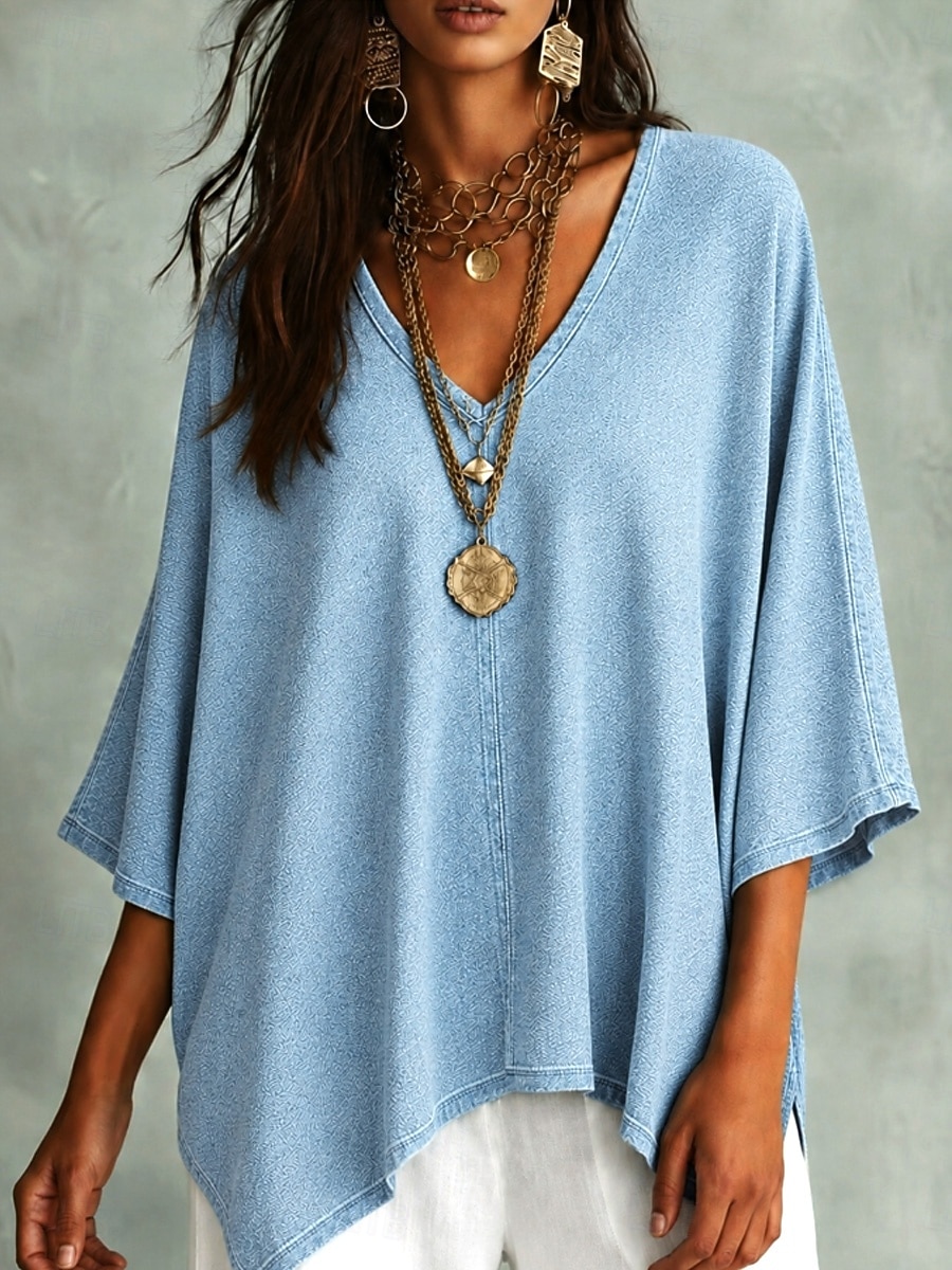 Camisa boho para mujer, estilo denim, casual, color liso, bohemia, vacaciones, uso diario, manga corta, cuello en V, crop tops, casual, diario, vacaciones, azul, negro, azul claro, verano, primavera 2026 - $28.99 –P3