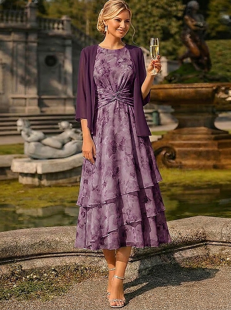 Two Piece A-Line Tea Length Wedding Guest Dress Mother of the Bride Dress Sleeveless 3/4 Length Sleeve Crew Neck Elegant Simple Minimalist Formal Semi Formal Chiffon Jacquard with Floral Print Ruched 2026 - $182.99 –P17