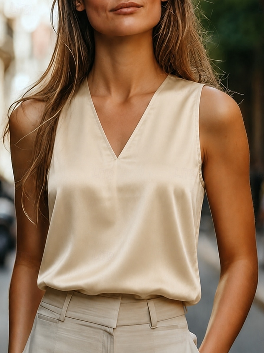 Per donna Camicia camicetta di raso Semplice Elegante Lavoro Casual Senza Maniche Scollo a V Top Regolari Quotidiano All'aperto Champagne Estate del 2026 a $21.99 –P1