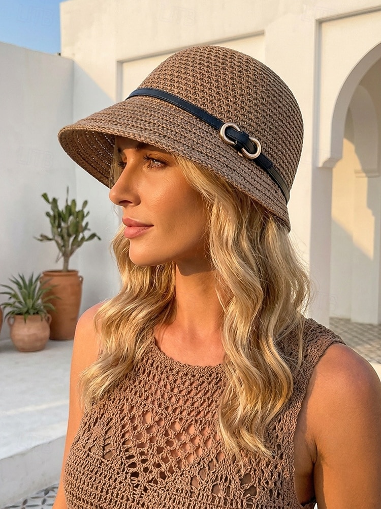Sombrero de sol de poliéster tejido para mujer, estilo cloche multicolor con ala larga en la parte delantera y corta en la trasera. Sombrero ligero ideal para vacaciones de verano, playa, viajes, 2026 - $11.99 –P2