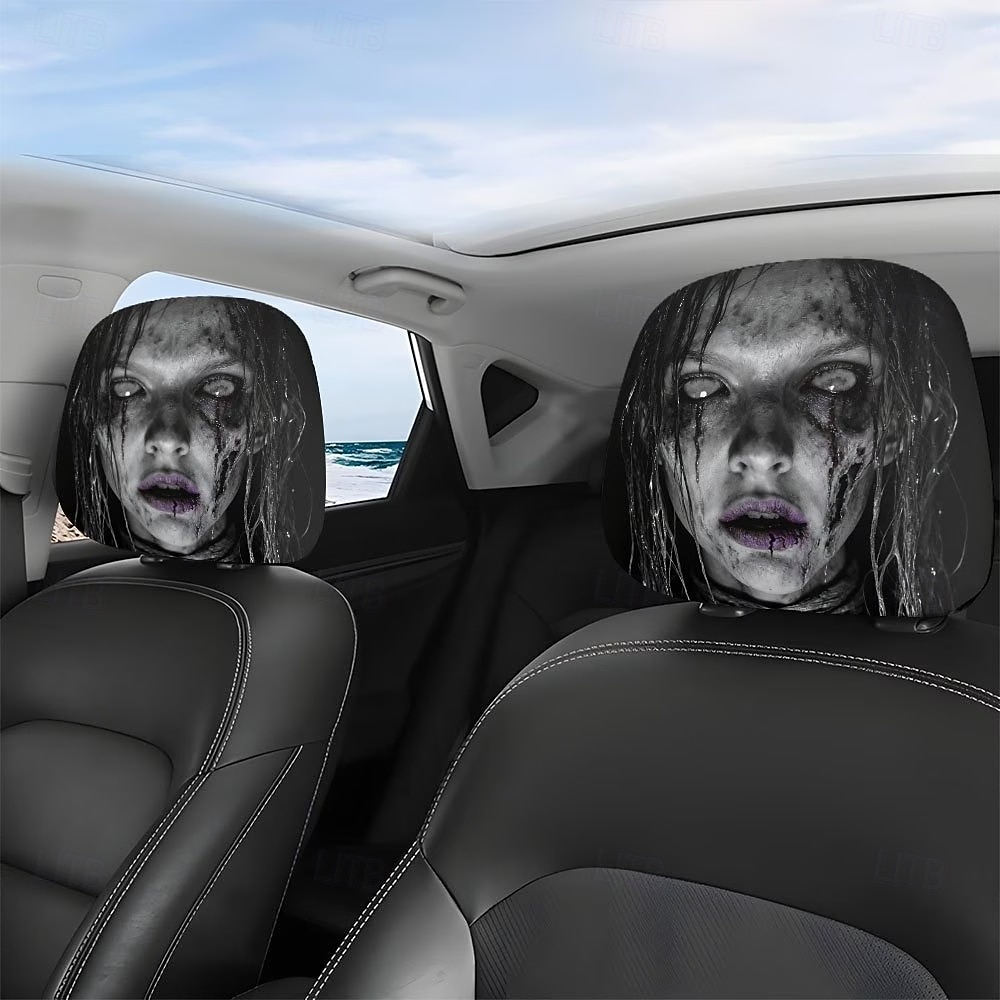 Fundas para reposacabezas de coche con diseño de fantasma con pelo mojado (2/4 unidades), fundas protectoras de reposacabezas de asiento con diseño de terror para Halloween, impresión plana 2D, ajuste 2026 - $16.99 –P3