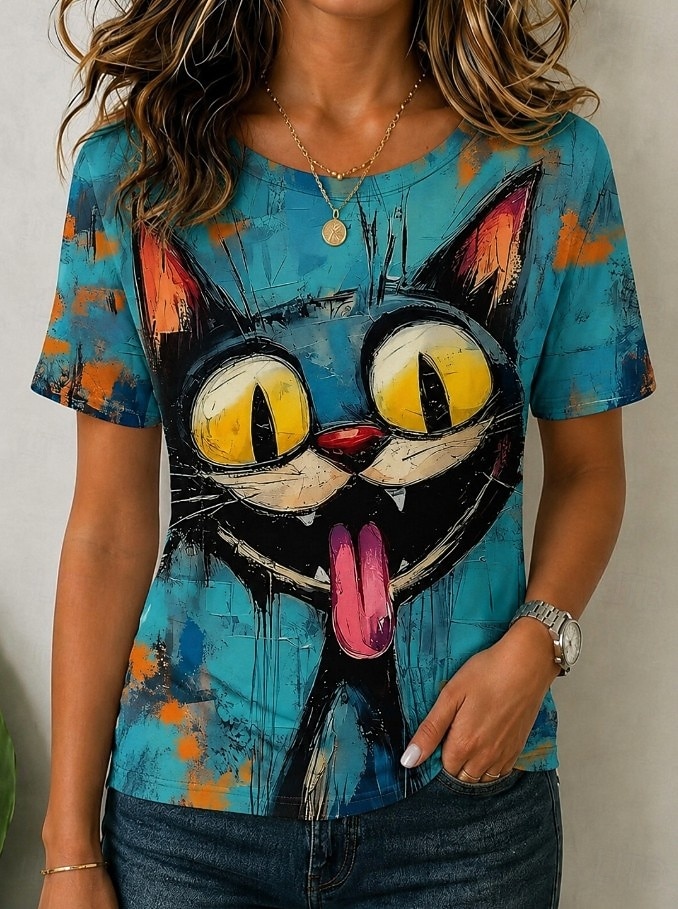 Per donna Maglietta Blocco di colore Stampato Grafico Animale Gatto Vintage Elegante Classico Manica Corta Girocollo Top lunghi Casuale Quotidiano Nero Rosso Marrone Verde Estate Primavera del 2026 a $21.99 –P1