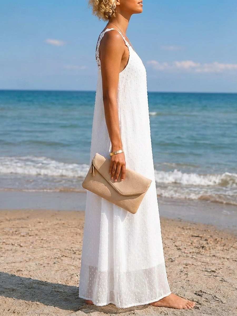 Per donna Abito maxi Abito in Pizzo Vacanza Spiaggia Vestibilità comoda Colore Puro Senza Maniche Scollo a V Bianco Estate del 2026 a $32.99 –P4