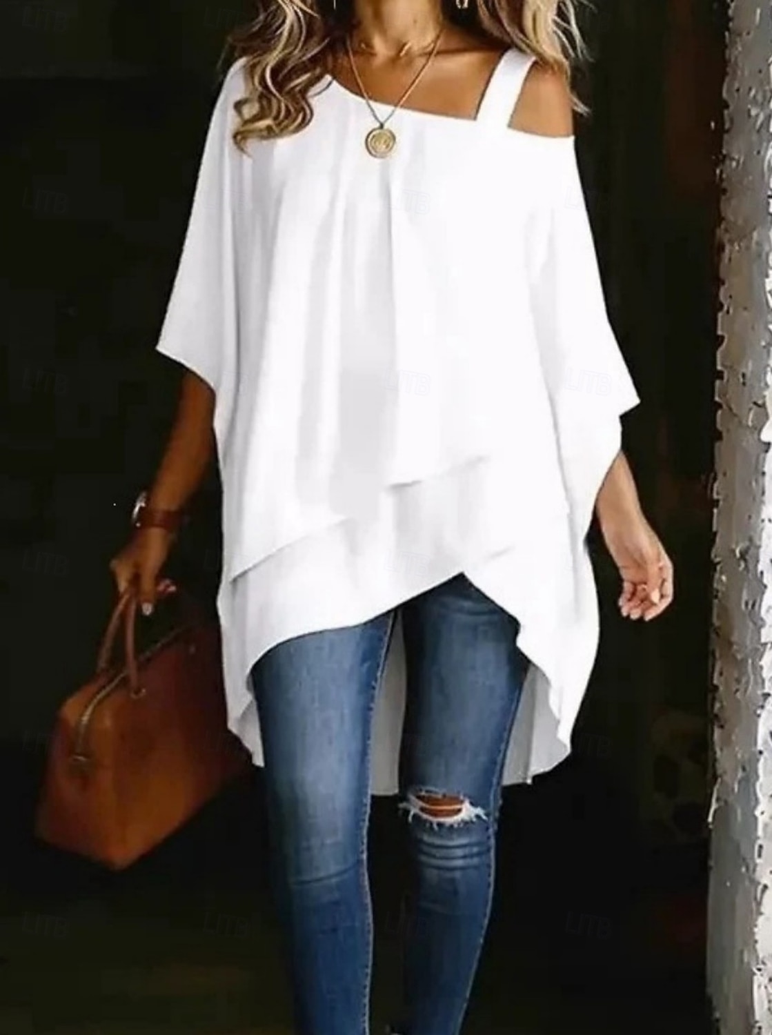 Per donna Maglietta Orlo asimmetrico Elegante Casual Manica Corta Manica a pipistrello Monospalla Top lunghi Quotidiano Uscire Abbigliamento da vacanza Bianco Nero Blu marino Azzurro Estate Primavera del 2026 a $25.99 –P1