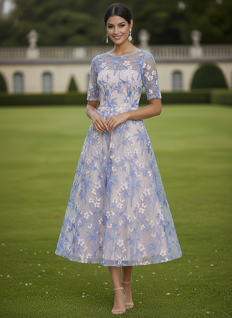 Ligne A Robe Longueur cheville Longueur thé Robe en Dentelle Robe de Cocktail Robe de Mère de Mariée  Manche Courte Demi Manches Col Bateau Élégant ancien Luxueux robe demoiselle d honneur Semi-Formel de 2026 ? $137.99 –P4