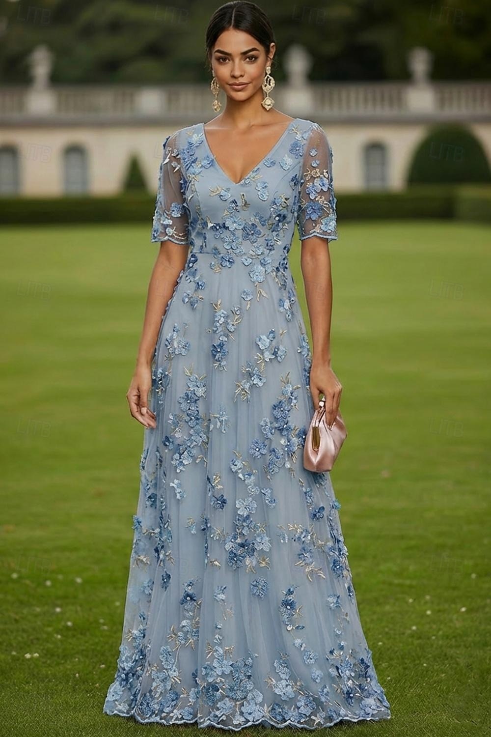 Linea ad A Abito Lunghezza al pavimento Vestito maxi Vestito da Festa Abito da Cocktail Abito da cerimonia per signora Manica Corta Scollo profondo Elegante Vintage Lussuoso Formale Ospite di nozze del 2026 a $182.99 –P6