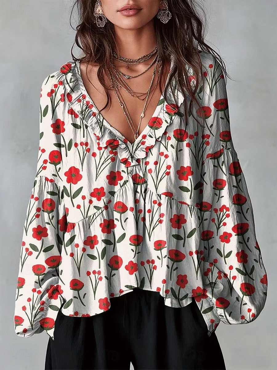 Dame Skjorte Tunika Drapering Nyanse Blomstret Grafisk Elegant Bohem Ferie Langermet V-hals Vanlige topper Avslappet Daglig Hvit Gul Rød Grønn Sommer Vår 2026 - $37.99 –P7