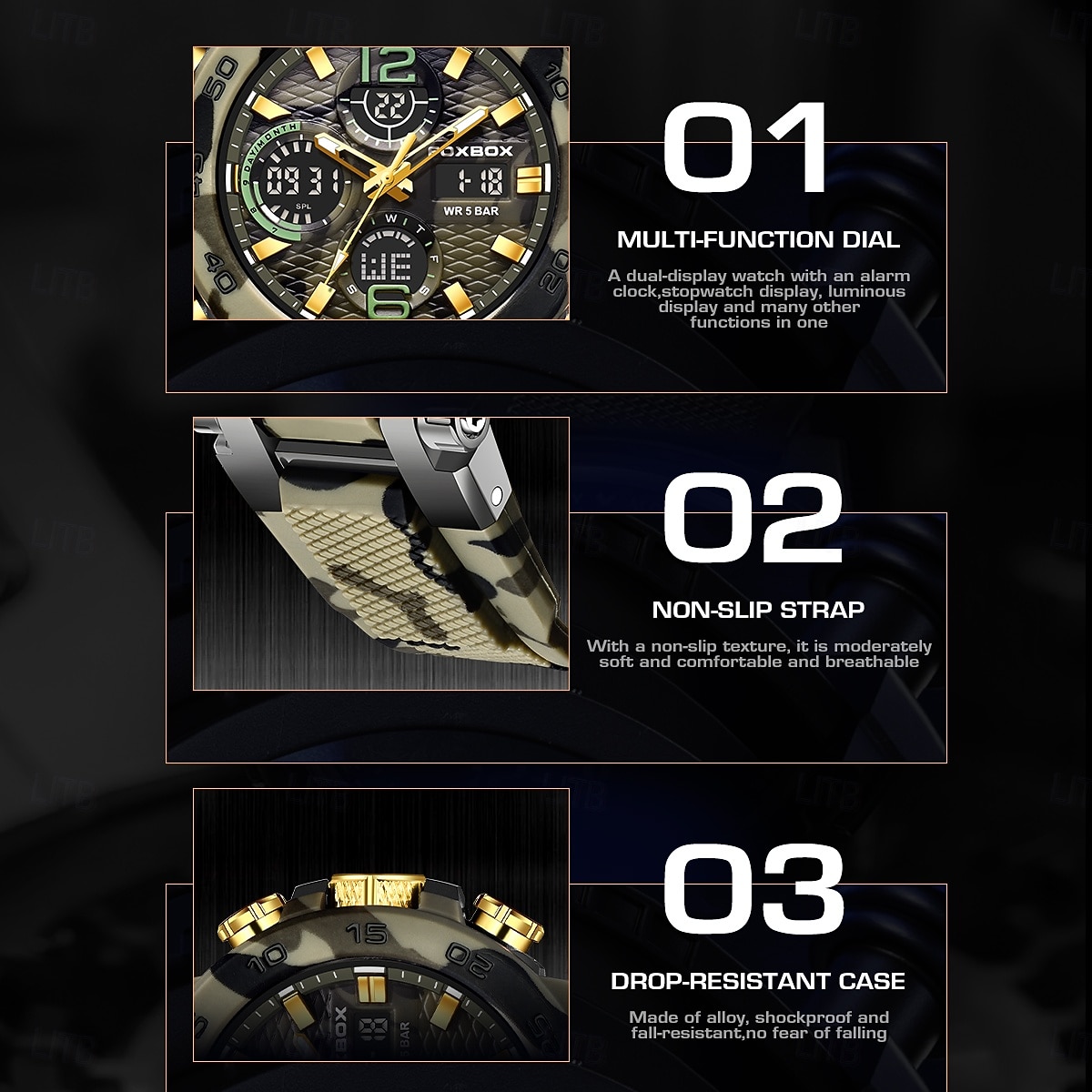 Foxbox heren militair sporthorloge, camouflage tactisch 50m waterdicht analoog digitaal horloge met dubbele display, quartz uurwerk, alarm, chronograaf en datumweergave, robuust outdoor polshorloge 2026 - $33.99 –P12