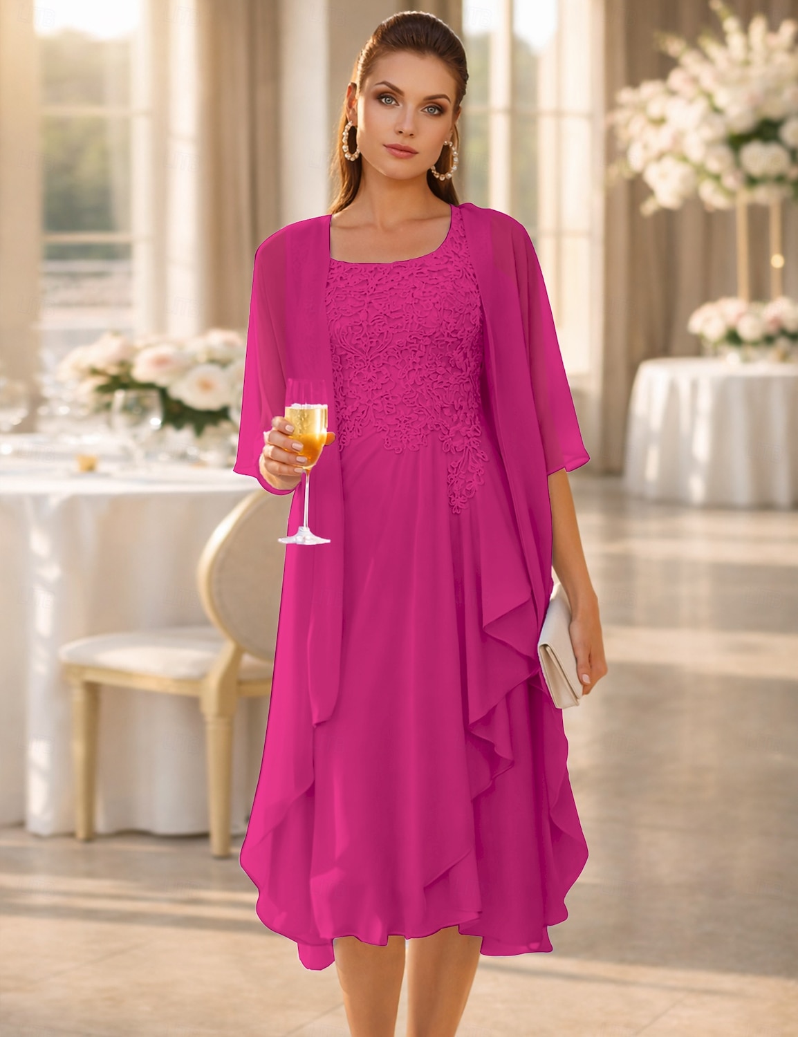 Due Pezzi Linea ad A Lunghezza al ginocchio Abito da invitata a nozze Abito da cerimonia per signora Senza Maniche Collo a U Elegante Ospite di nozze Ricevimento di matrimonio Chiffon Pizzo Abiti con del 2026 a $172.99 –P17