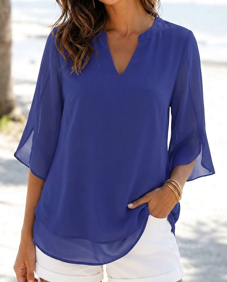 Per donna Top in chiffon Vacanza Vintage Quotidiano Scollo a V Top lunghi Casuale Nero Rosa Vino Blu marino Blu Reale Estate Primavera del 2026 a $23.99 –P7