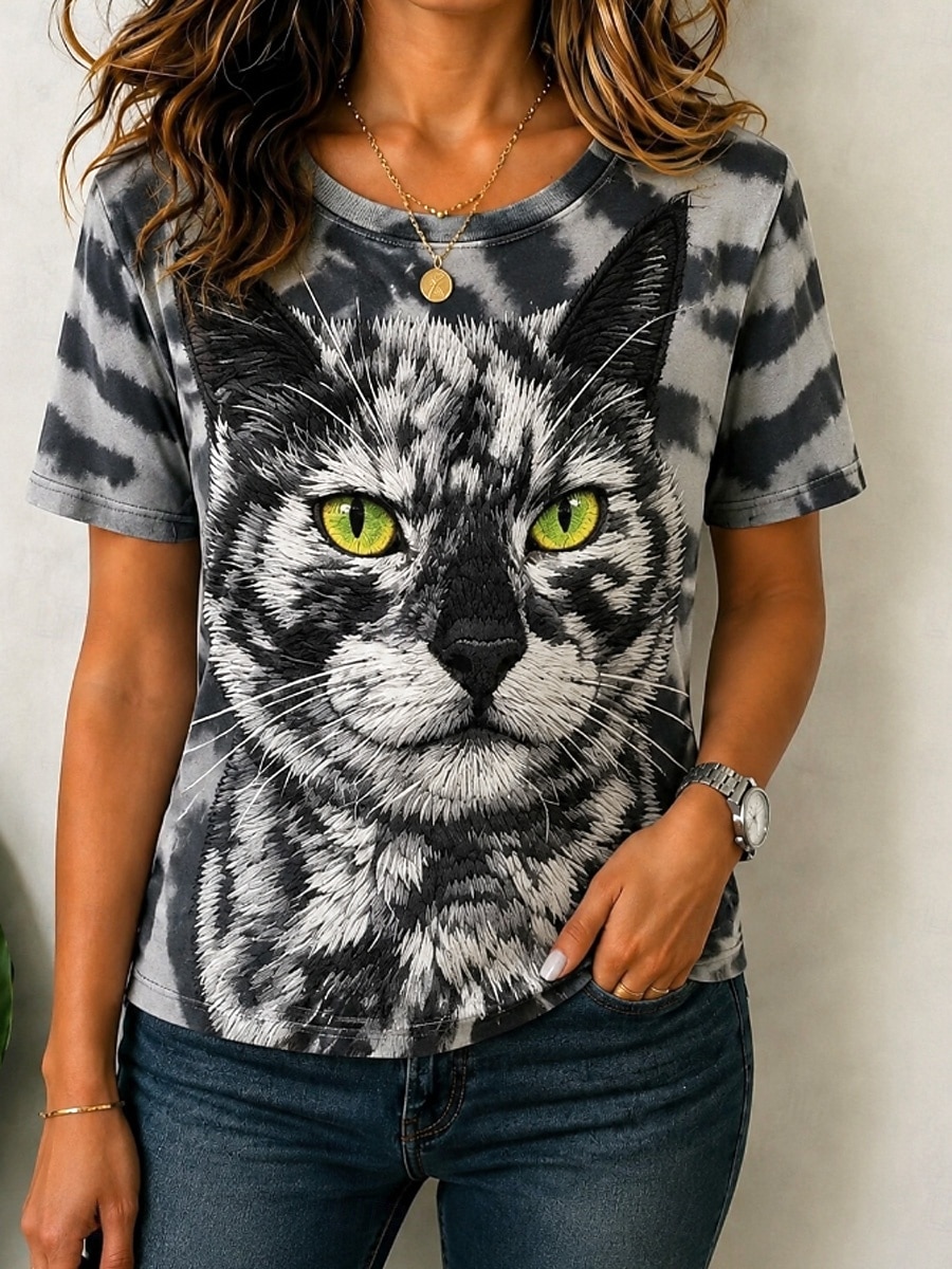 Per donna Maglietta Blocco di colore Stampato Grafico Animale Gatto Vintage Elegante Classico Manica Corta Girocollo Top lunghi Casuale Quotidiano Nero Rosso Marrone Verde Estate Primavera del 2026 a $21.99 –P4