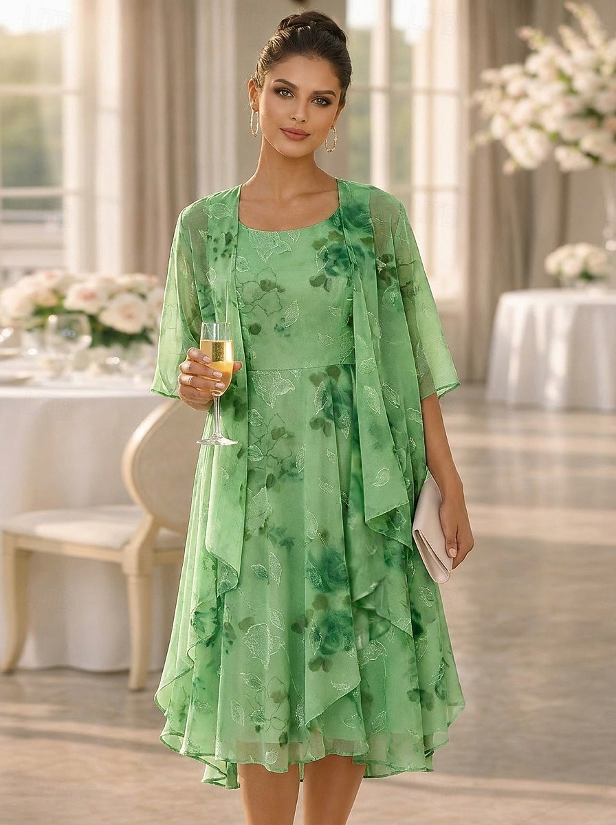 Due Pezzi Linea ad A Lunghezza al ginocchio Abito da invitata a nozze Largo Abito da cerimonia per signora Mezza Manica Scollo Tondo Elegante Semplice Casual Formale Ospite di nozze Ferie Chiffon Con del 2026 a $148.99 –P6