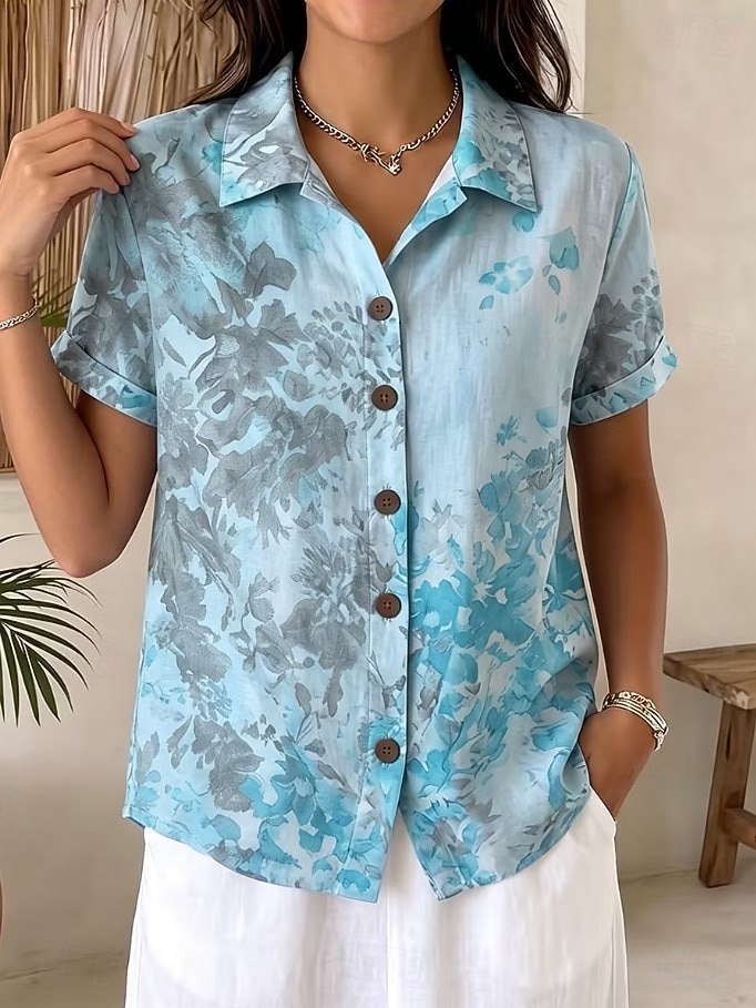Women's Shirt Buttons Print Floral Graphic Daily Stylish Casual Short Sleeve Shirt Collar Long Tops Casual Daily Blue Yellow Pink Summer Spring 2026 - $26.99 –P5