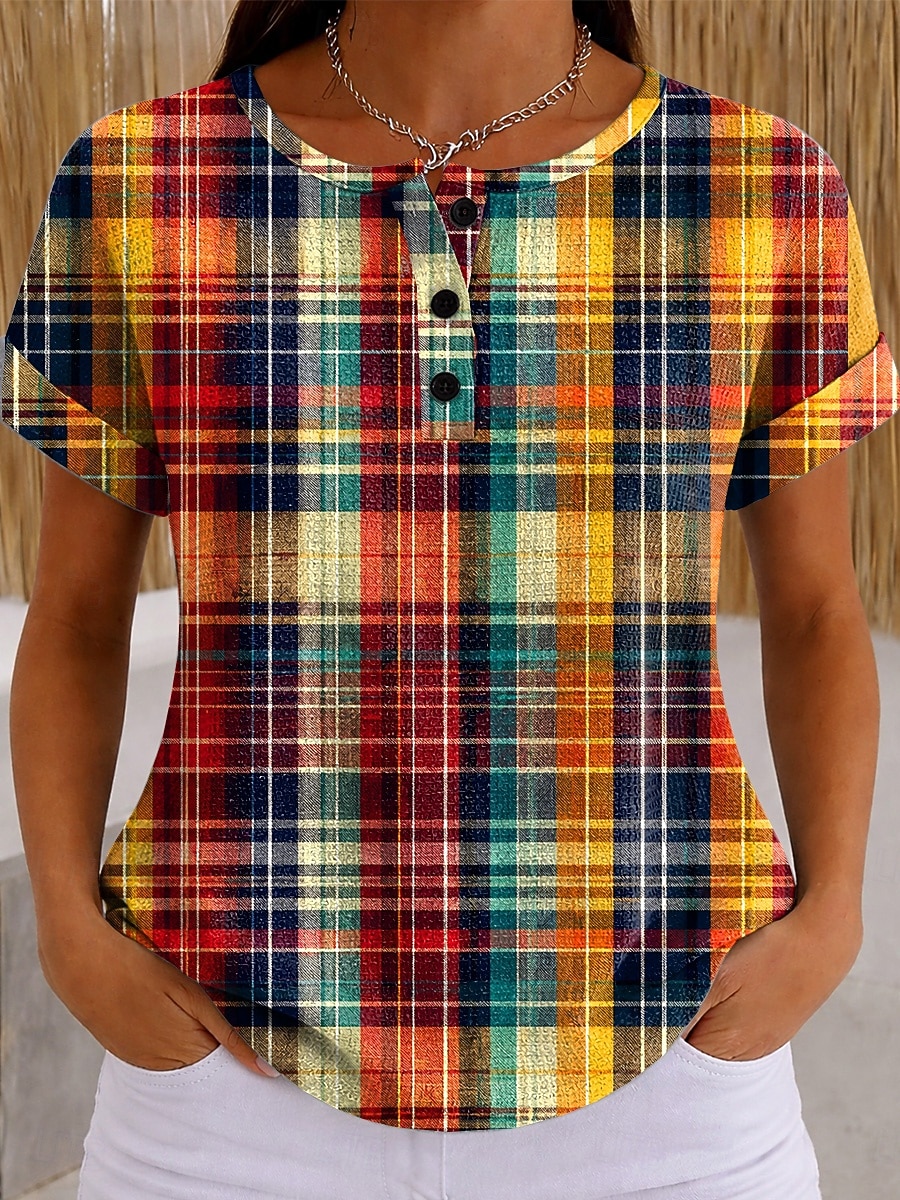 Women's T Shirt Color Block Print Graphic Geometric Plaid Vintage Stylish Classic Short Sleeve Crew Neck Long Tops Casual Daily Blue Pink Orange Green Summer Spring 2026 - $21.99 –P3