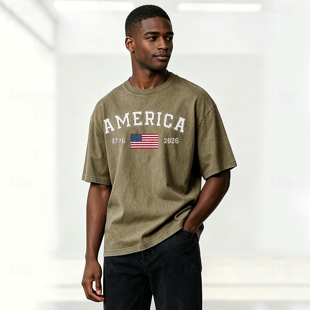 4th of July 2026 250th Men's American Flag 1776 Acid Wash Shirt Heavyweight T-shirt Short Sleeve T shirt DTG Crew Neck Shirt Patriotic Street Holiday Blue Black Army Green Spring & Summer Clothing 2026 - $27.99 –P5