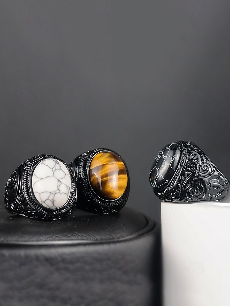 Anello da uomo vintage con pietra occhio di tigre, fascia in lega nera incisa, anello di tendenza in stile etnico bohémien, gioiello maschile per i viaggi estivi, casual &abbigliamento da festival del 2026 a $7.99 –P4