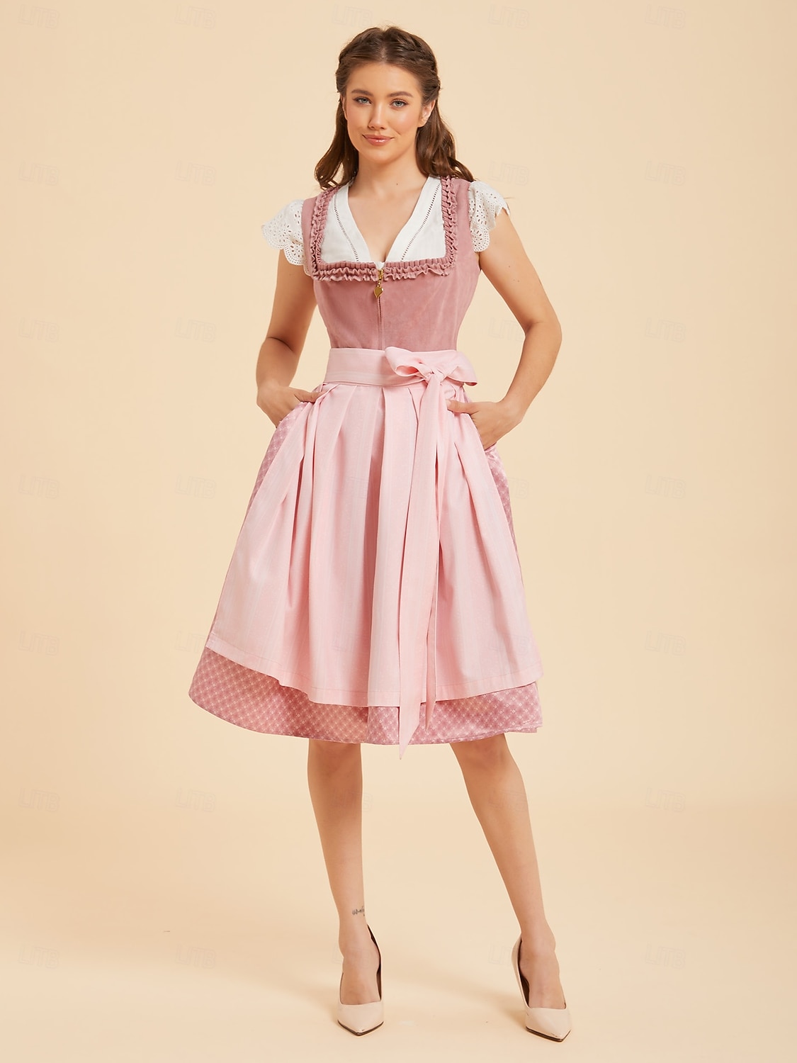 Oktoberfest Dirndl Dress Midi Length with Pockets Balconette Neckline Maid Bavarian German Alpine Wiesn Women's Carnival Beer Festival Traditional Style Cloth (65CM) Without Blouse 2026 - $100.99 –P2