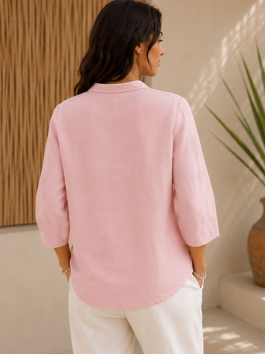Women's Cotton Linen Shirts Blouse Solid Color Daily Stylish Basic 3/4 Length Sleeve V Neck Regular Tops Casual Daily Pink Summer Spring 2026 - $34.99 –P3