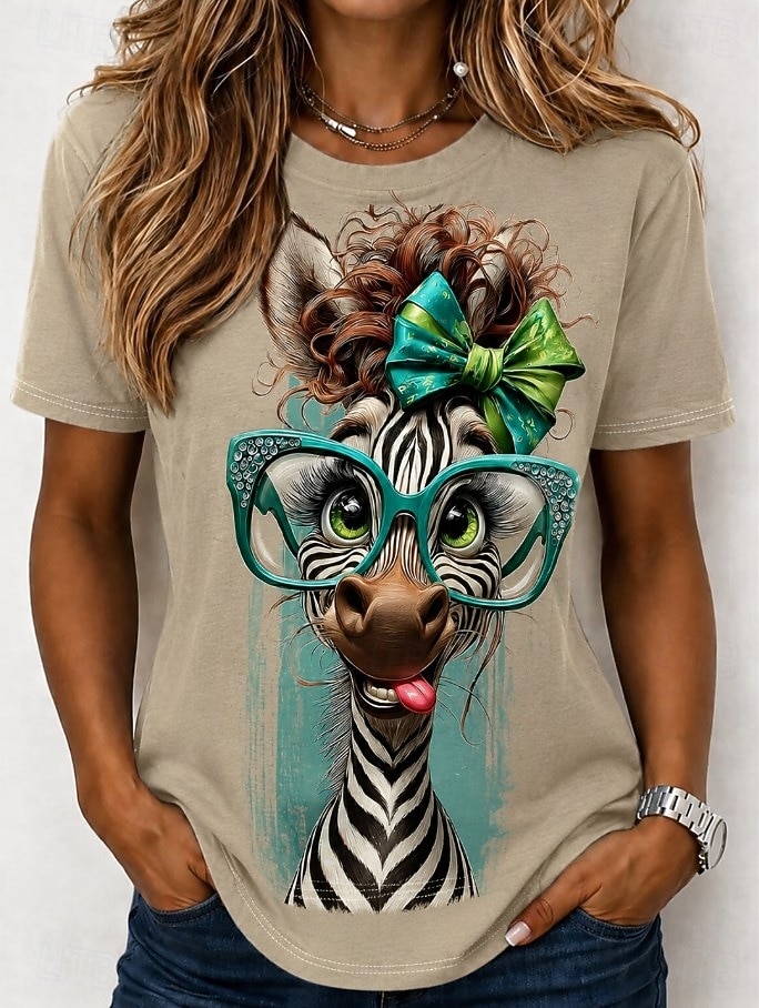 Per donna Maglietta Blocco di colore Stampato Grafico Animale Mucca Vintage Elegante Classico Manica Corta Girocollo Top lunghi Casuale Quotidiano Blu Bianco Cachi Beige Estate Primavera del 2026 a $21.99 –P6
