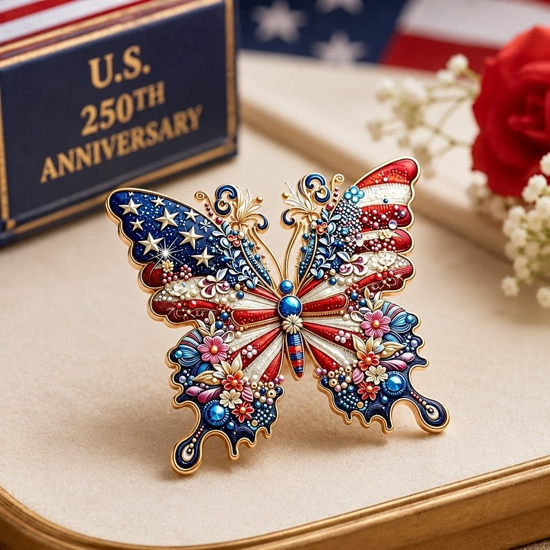 Broschnål med amerikansk 250-årsjubileum, brosch med amerikansk flagga och fjäril i strass, patriotisk minnesnål för kvinnor 1776-2026, smycken till present till USA:s självständighetsdag, minnesdagen 2026 - $12.99 –P4