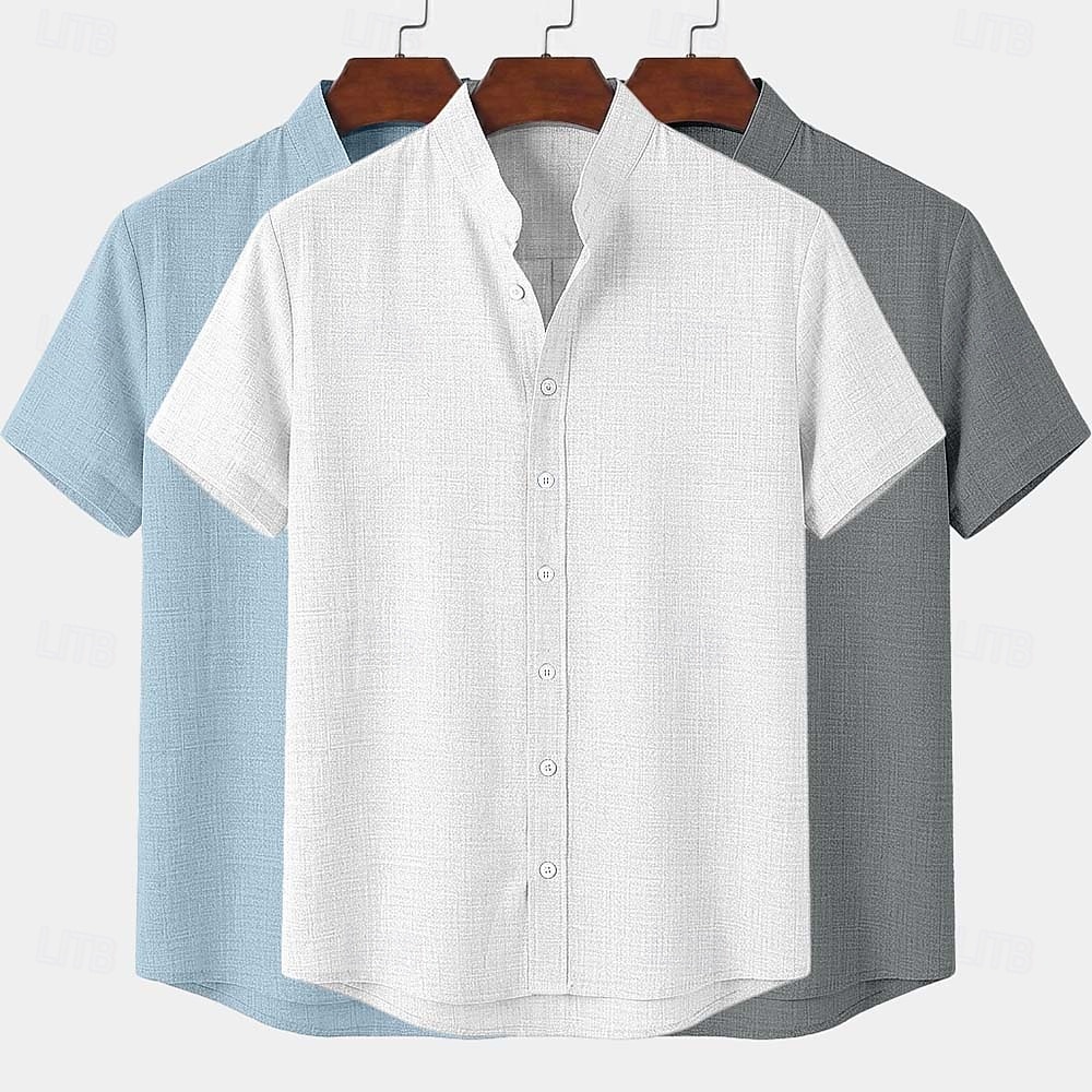 Men Shirt Linen Shirt Summer Shirt Band Collar Shirt Button Up Shirt Plain Casual Daily Black+White+Gray Black+Blue+Gray White+Gray+Blue Orange+Gray+Black Short Sleeve Stand Collar Summer Clothing 2026 - $45.99 –P12